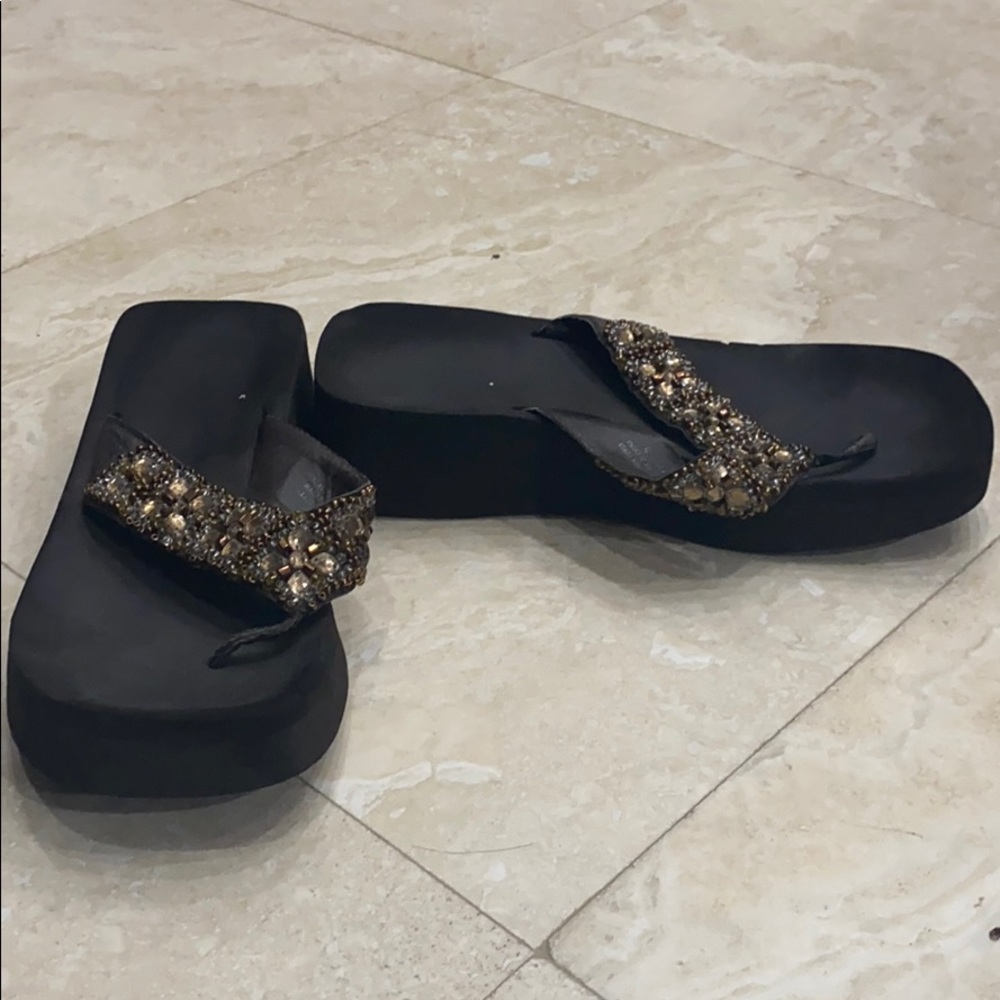 Bronze Blingy Jeweled Wedge Flip Flops
